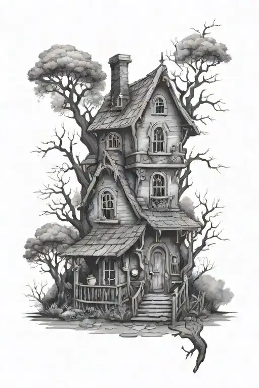 creepy woodland House tattoo design idea