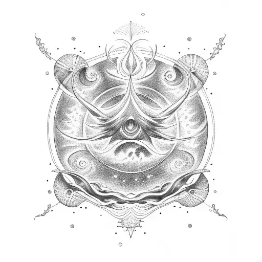 A dotwork tattoo of a celestial Sagittarius constellation merging with a swirling ocean wave, with an octopus wrapped around the constellation. tattoo design idea