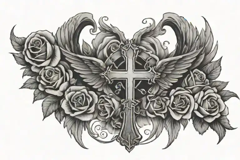 Open angel wings with cross and halo in between surrounded with roses tattoo design idea