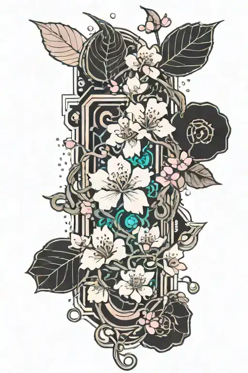 Cherry Blossom and Vines blending tattoo design idea