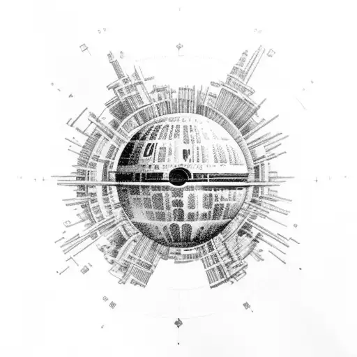 science and space theme with the death star and fibonacci spiral  tattoo design idea
