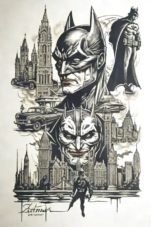 Batman, Joker, Bane, Gotham City skyline tattoo design idea