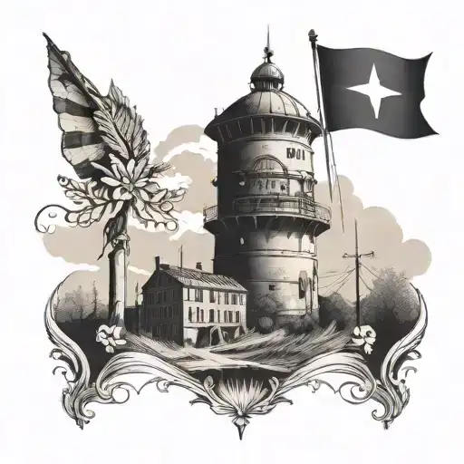 Design a tattoo of the Vukovar water tower with intricate patterns and details inspired by military symbols tattoo design idea