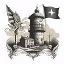 Design a tattoo of the Vukovar water tower with intricate patterns and details inspired by military symbols tattoo design idea