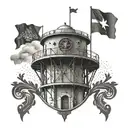 Design a tattoo of the Vukovar water tower with intricate patterns and details inspired by military symbols tattoo design idea