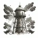 Design a tattoo of the Vukovar water tower with intricate patterns and details inspired by military symbols tattoo design idea