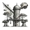 Design a tattoo of the Vukovar water tower with intricate patterns and details inspired by military symbols tattoo design idea