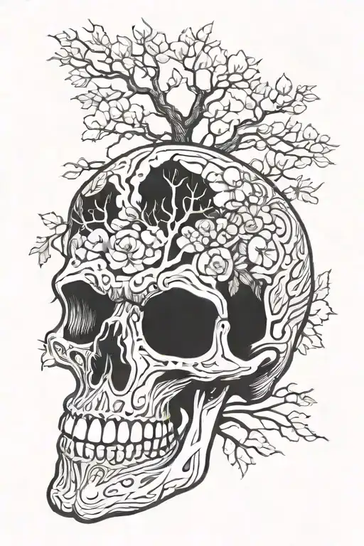 Tree arise from skull simbolize new beginnings strength tattoo design idea