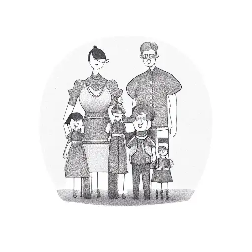 A family posing for pictures (Mother + Father + Young Daughter + Older Son) tattoo design idea