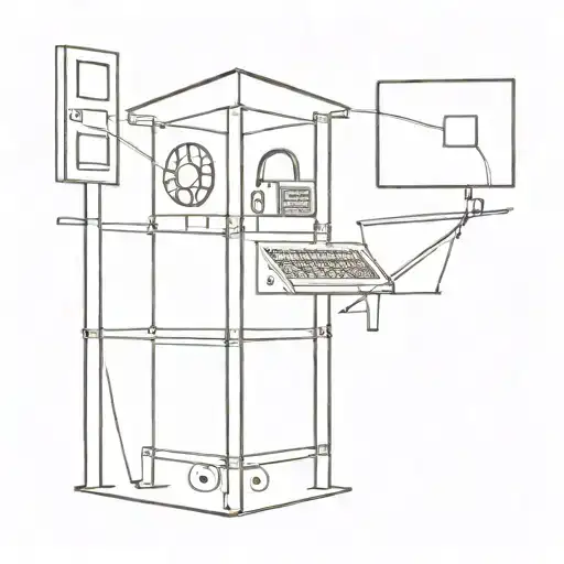 A minimalist design of a computer server tower with movie projector reels and football goalposts integrated into the structure tattoo design idea