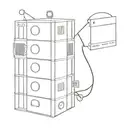 A minimalist design of a computer server tower with movie projector reels and football goalposts integrated into the structure tattoo design idea