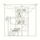 A minimalist design of a computer server tower with movie projector reels and football goalposts integrated into the structure tattoo design idea