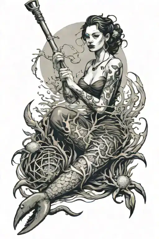 matronly woman, half-submerged in the sea, with crab-claw horns, seaweed for clothes, and a ship's oar in her hand. tattoo design idea