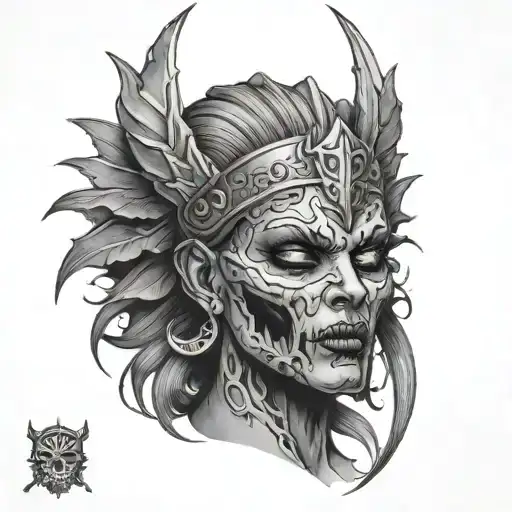 warrior queen front view zombie head tattoo design idea
