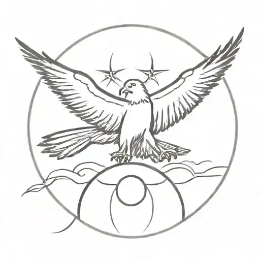 A soaring eagle above the sun sign "Scorpio" . This should also depict the sentence "Unleash your inner strength" tattoo design idea