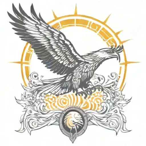 A soaring eagle above the sun sign "Scorpio" . This should also depict the sentence "Unleash your inner strength" tattoo design idea