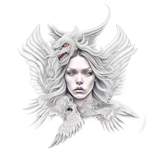 5 angels defeating 5 demons tattoo design idea