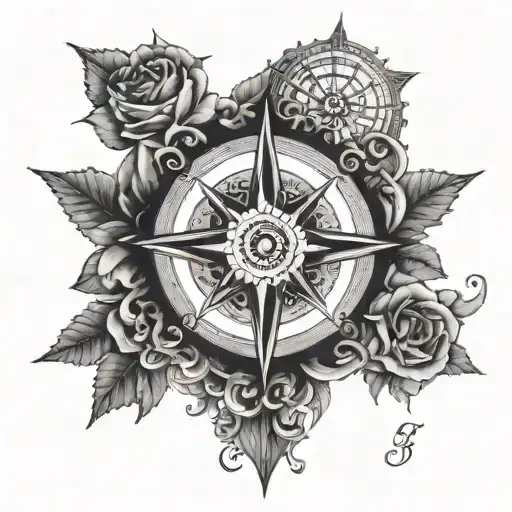A trio of compass roses, each pointing in a different direction, representing the unique paths of the triplets, with blackwork style and ornate details tattoo design idea