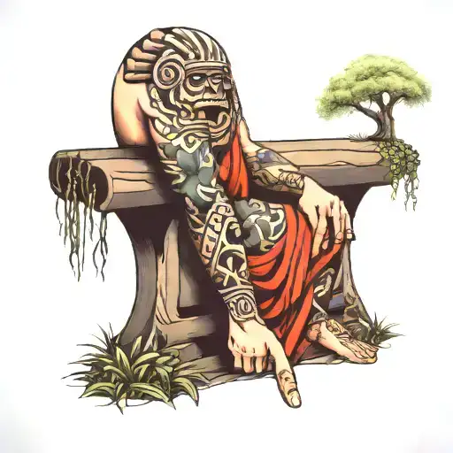 Aztec sleeve with bench and weeping willow tree  tattoo design idea