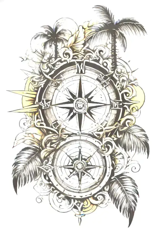 compass rose, beach scene with palm trees tattoo design idea