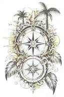 compass rose, beach scene with palm trees tattoo design idea