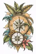 compass rose, beach scene with palm trees tattoo design idea