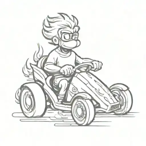 90s cartoon character driving a race car with flames  tattoo design idea