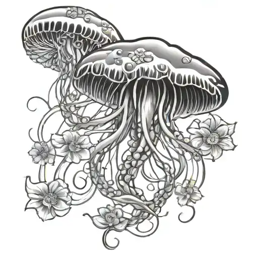 jelly fish with flowers intertwined tattoo design idea