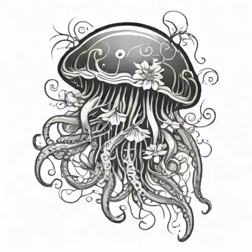 simple jelly fish with flowers intertwined within tattoo design idea