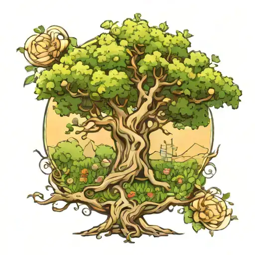 A whimsical garden scene with various flowers intertwined, centered around a majestic olive tree tattoo design idea