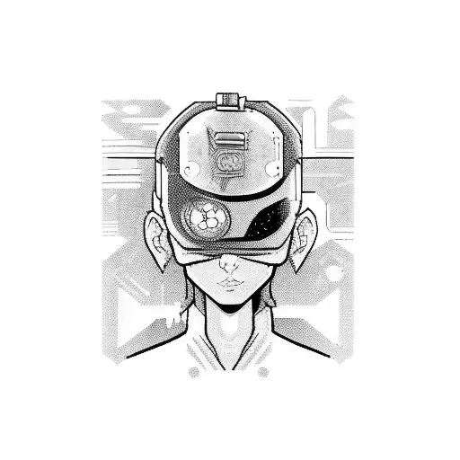 Snatcher Sega CD characters in a cyberpunk setting.  Turning their face to the right.  tattoo design idea