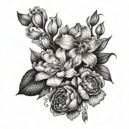 Iris, Daisy, Peony, and violet flowers  tattoo design idea