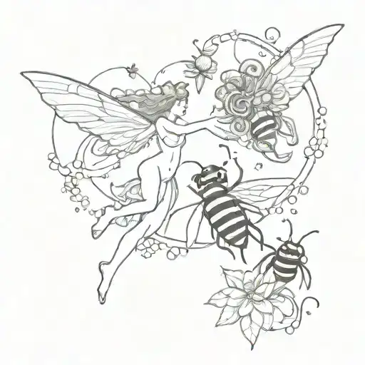 venus and neptune line mistic and bees flying tattoo design idea