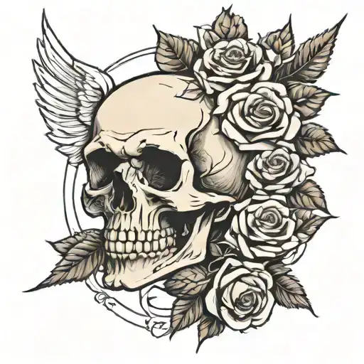 skull and roses with angel numbers  tattoo design idea