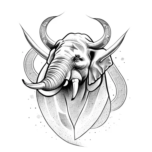 A large elephant head, next to which there are small images of a lion on one side and a phoenix on the other tattoo design idea