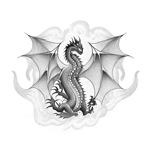 A majestic dragon rising from a sea of fire at dusk tattoo design idea