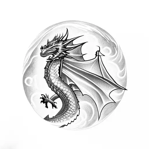 A majestic dragon rising from a sea of fire at dusk tattoo design idea