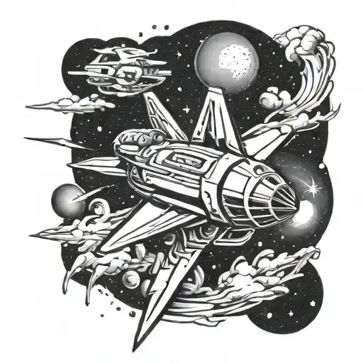 A tattoo of a sleek spaceship flying through a graffiti-filled galaxy, blending elements of science fiction and street art tattoo design idea