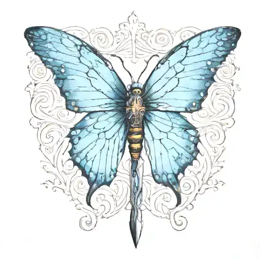 blue butterfly with sword as its body aerial view  tattoo design idea