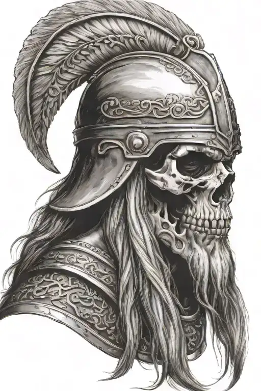old norse warrior skull, wearing Norse helmet, long hair, beard, side profile  tattoo design idea