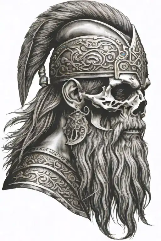 warrior Norse skull, long beard, side profile tattoo design idea