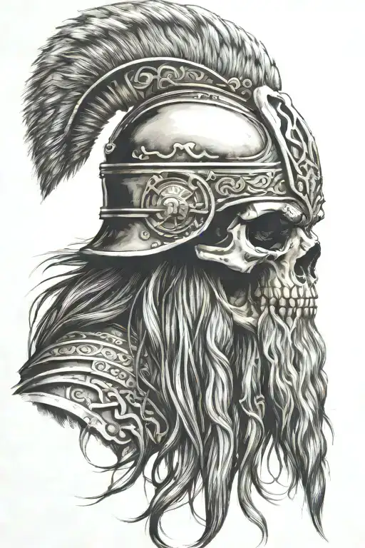old norse warrior skull, wearing helmet, long hair, beard, side profile  tattoo design idea
