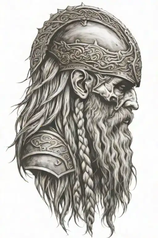 Norsemen Viking warrior skull, side profile, with long braided hair and long beard holding a shield containing Yggdrasil tattoo design idea