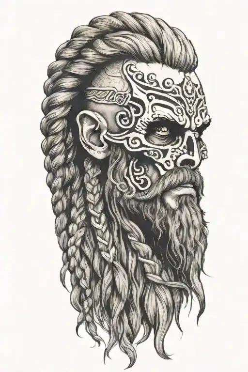 Viking skull long braid hair, beard tattoo design idea
