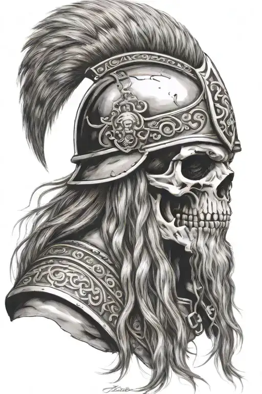 old norse warrior skull, wearing helmet, long hair, beard, side profile  tattoo design idea