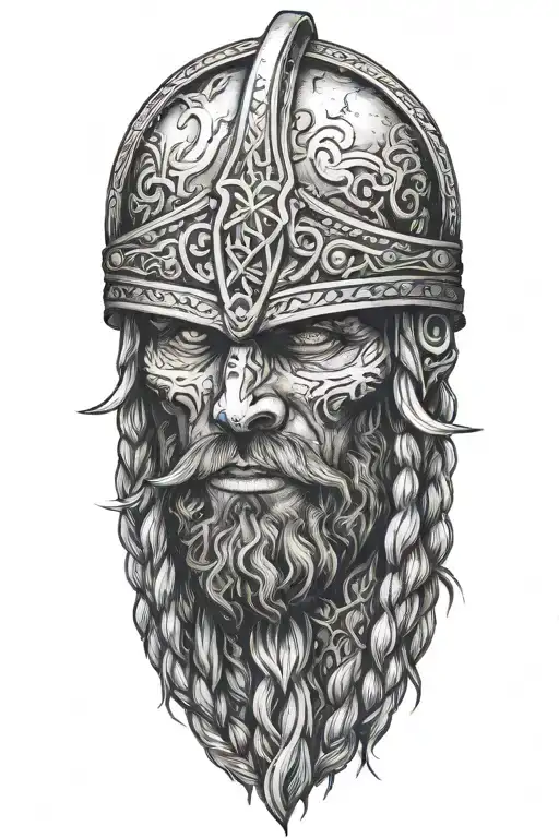 Viking skull, braided hair, beard holding shield, side profile   tattoo design idea
