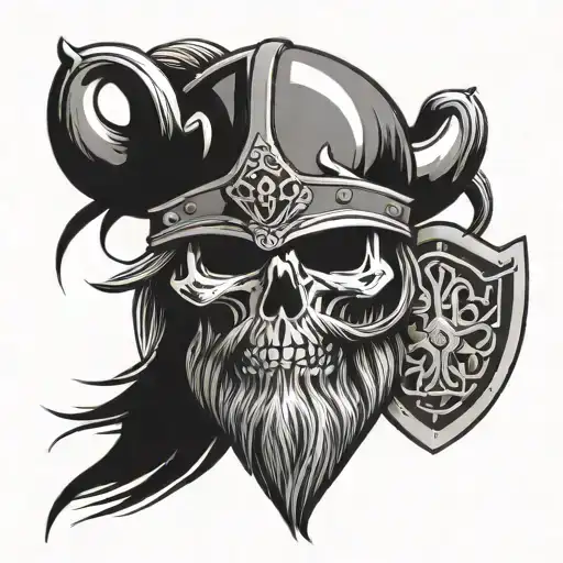 Viking skull with long beard, braided hair holding shield resembling tambou tattoo design idea