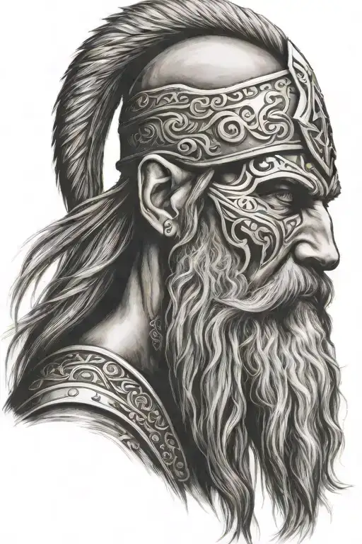 warrior Norse skul, long beard, side profile tattoo design idea