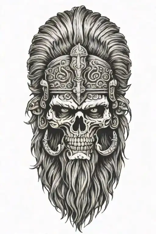 warrior Norse skull, long hair, beard,  side profile tattoo design idea