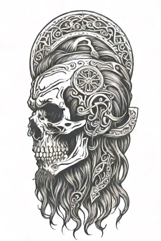 old norse warrior skull, long hair, beard, side profile  tattoo design idea